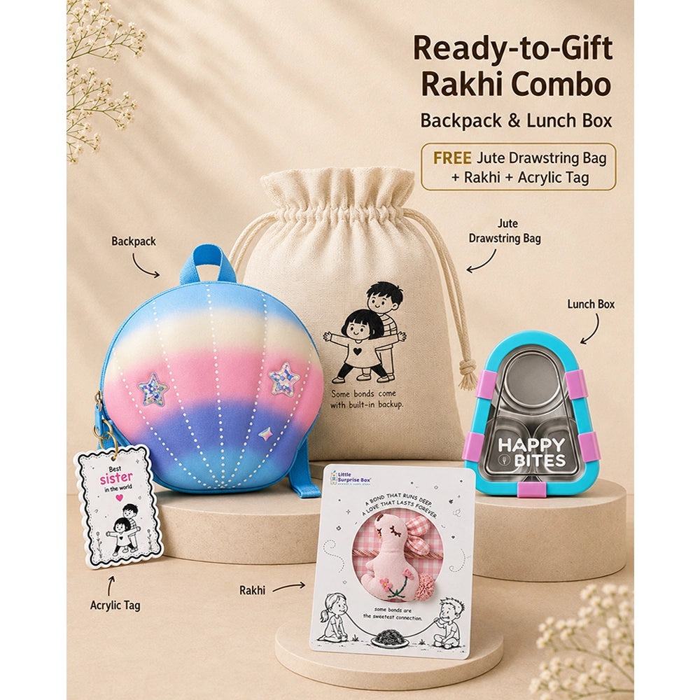 2 Pcs Shell Backpack & Pink-Blue Triangle Lunch Box Rakhi Gift Combo for Kids with Free Rakhi & Jute drawstring bag.