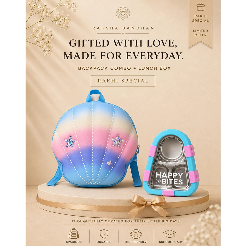 2 Pcs Shell Backpack & Pink-Blue Triangle Lunch Box Rakhi Gift Combo for Kids with Free Rakhi & Jute drawstring bag.