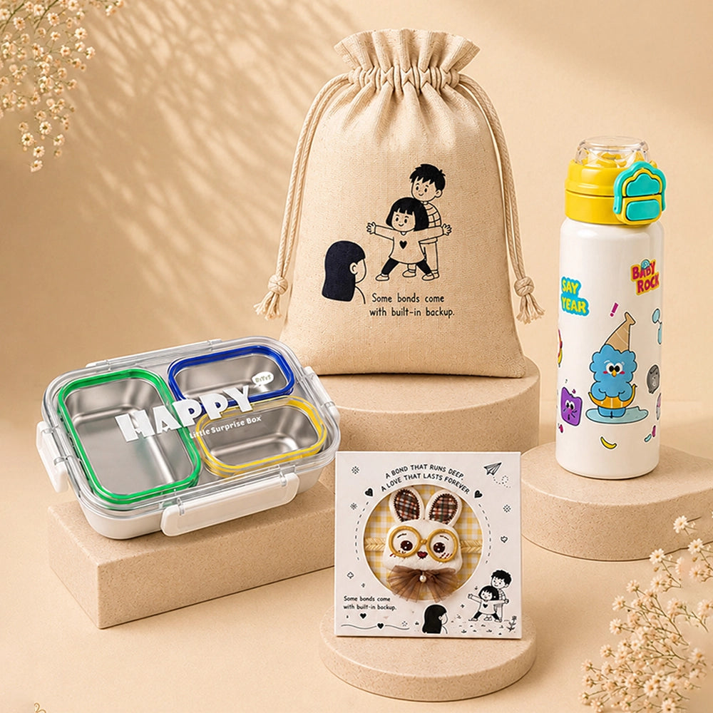 2 Pcs Buddy Water Bottle & Green Stainless Steel Lunch Box Rakhi Gift Combo for Kids with Free Rakhi & Jute drawstring bag.