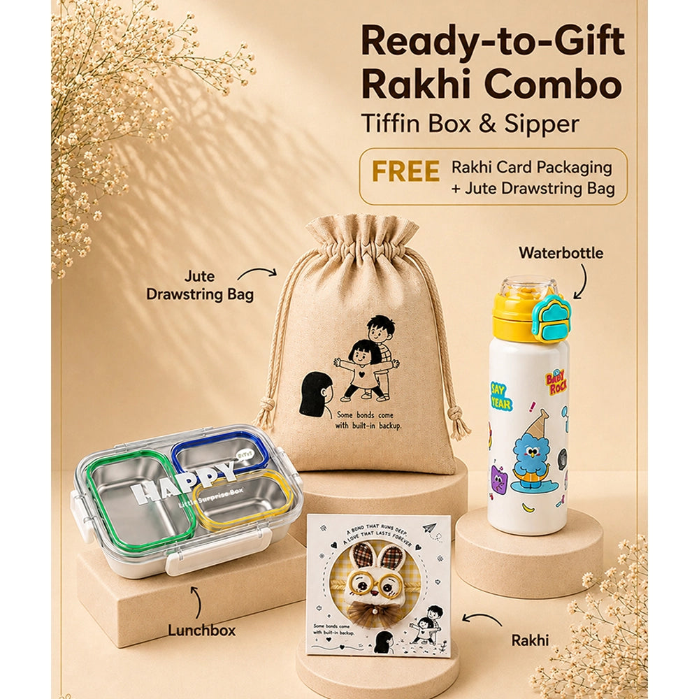 2 Pcs Buddy Water Bottle & Green Stainless Steel Lunch Box Rakhi Gift Combo for Kids with Free Rakhi & Jute drawstring bag.