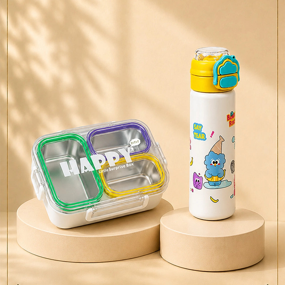 2 Pcs Buddy Water Bottle & Green Stainless Steel Lunch Box Rakhi Gift Combo for Kids with Free Rakhi & Jute drawstring bag.