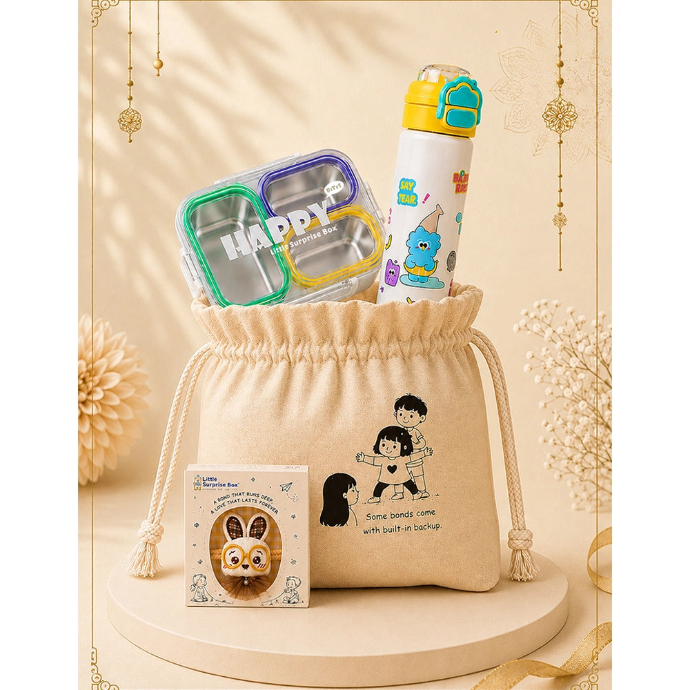 2 Pcs Buddy Water Bottle & Green Stainless Steel Lunch Box Rakhi Gift Combo for Kids with Free Rakhi & Jute drawstring bag.