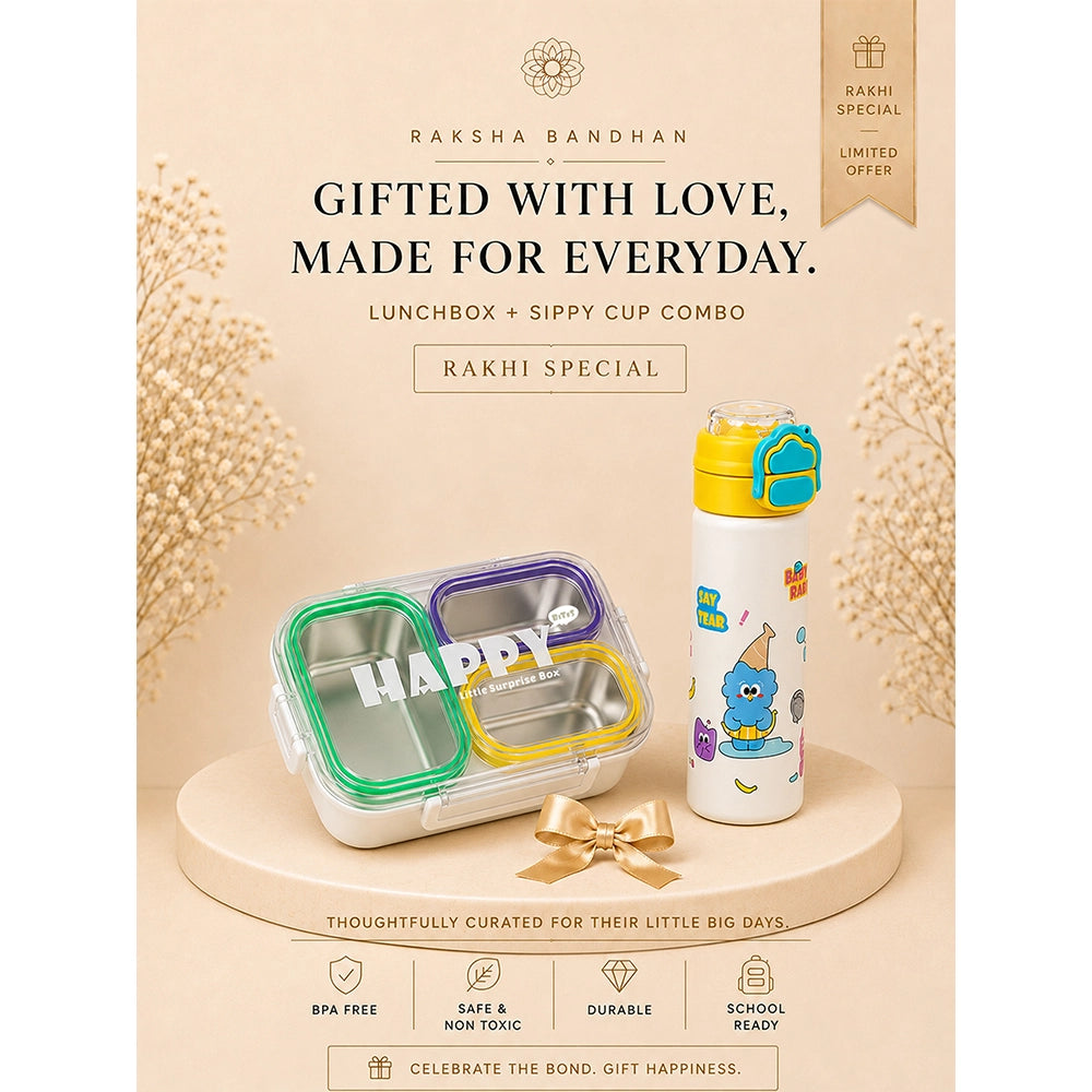 2 Pcs Buddy Water Bottle & Green Stainless Steel Lunch Box Rakhi Gift Combo for Kids with Free Rakhi & Jute drawstring bag.