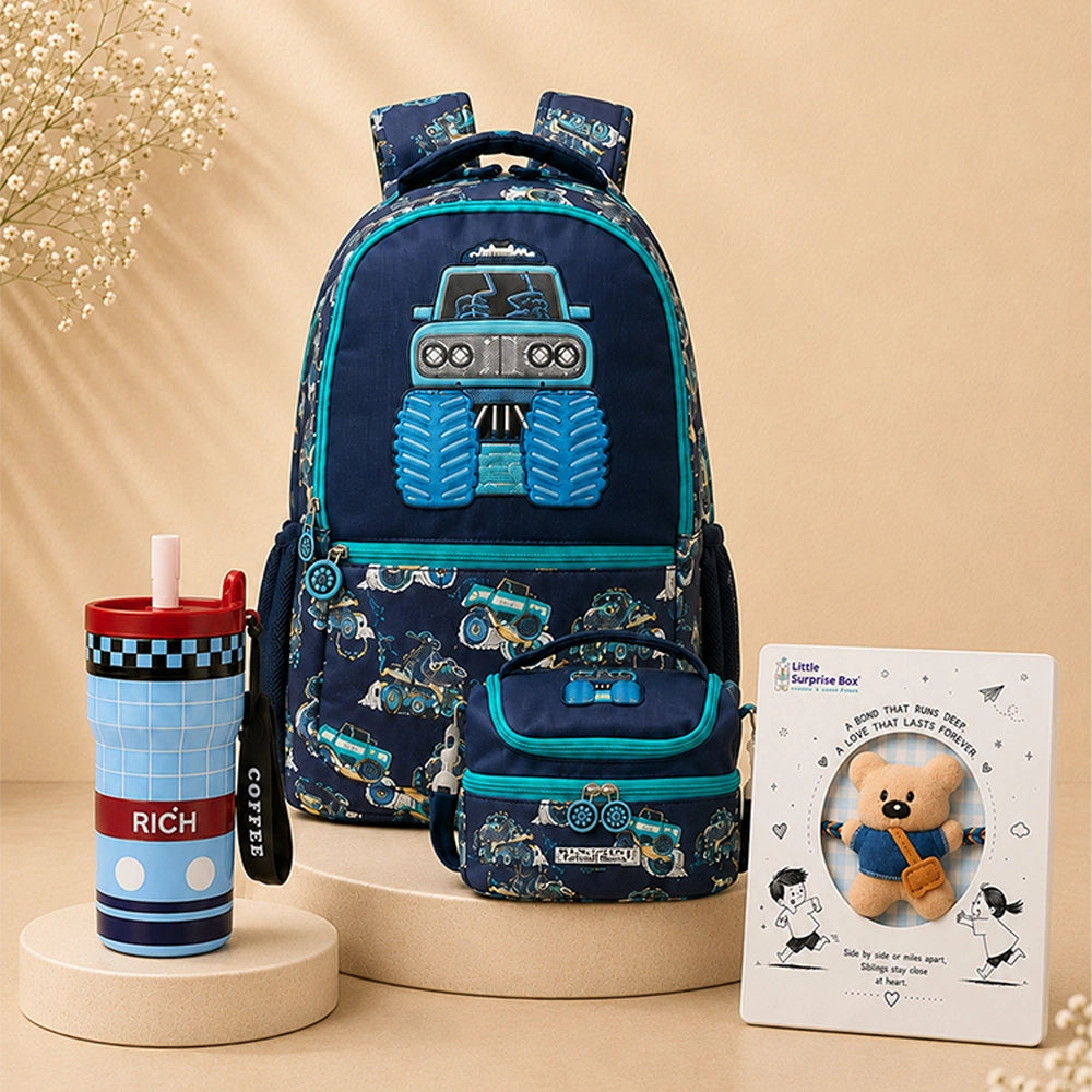 3 Pcs Monster Truck Backpack, Lunch Bag & Blue Checks Water Bottle with Rakhi Gift Combo for Kids with Free Rakhi
