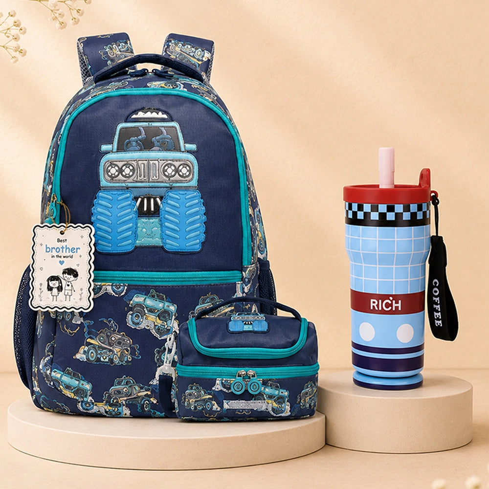 3 Pcs Monster Truck Backpack, Lunch Bag & Blue Checks Water Bottle with Rakhi Gift Combo for Kids with Free Rakhi