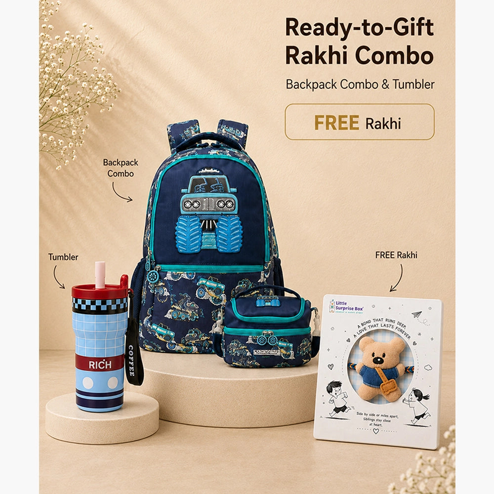 3 Pcs Monster Truck Backpack, Lunch Bag & Blue Checks Water Bottle with Rakhi Gift Combo for Kids with Free Rakhi