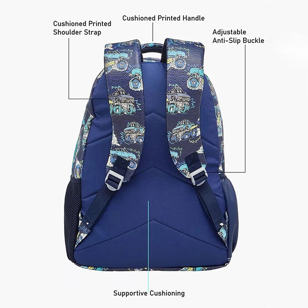 3 Pcs Monster Truck Backpack, Lunch Bag & Blue Checks Water Bottle with Rakhi Gift Combo for Kids with Free Rakhi