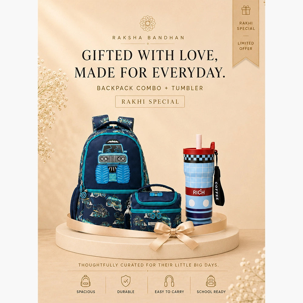 3 Pcs Monster Truck Backpack, Lunch Bag & Blue Checks Water Bottle with Rakhi Gift Combo for Kids with Free Rakhi