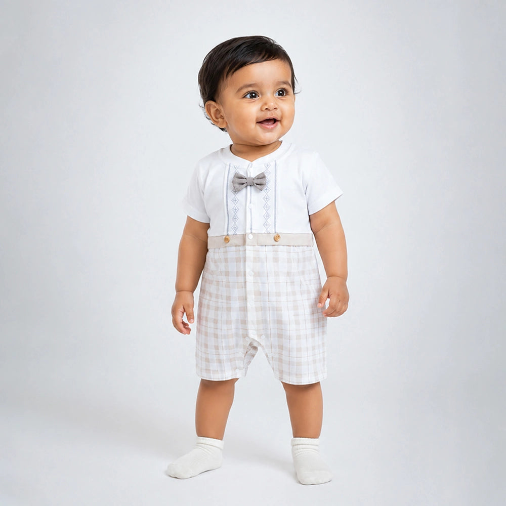 Beige Checkered Bow Tie Romper for Tiny Toddlers