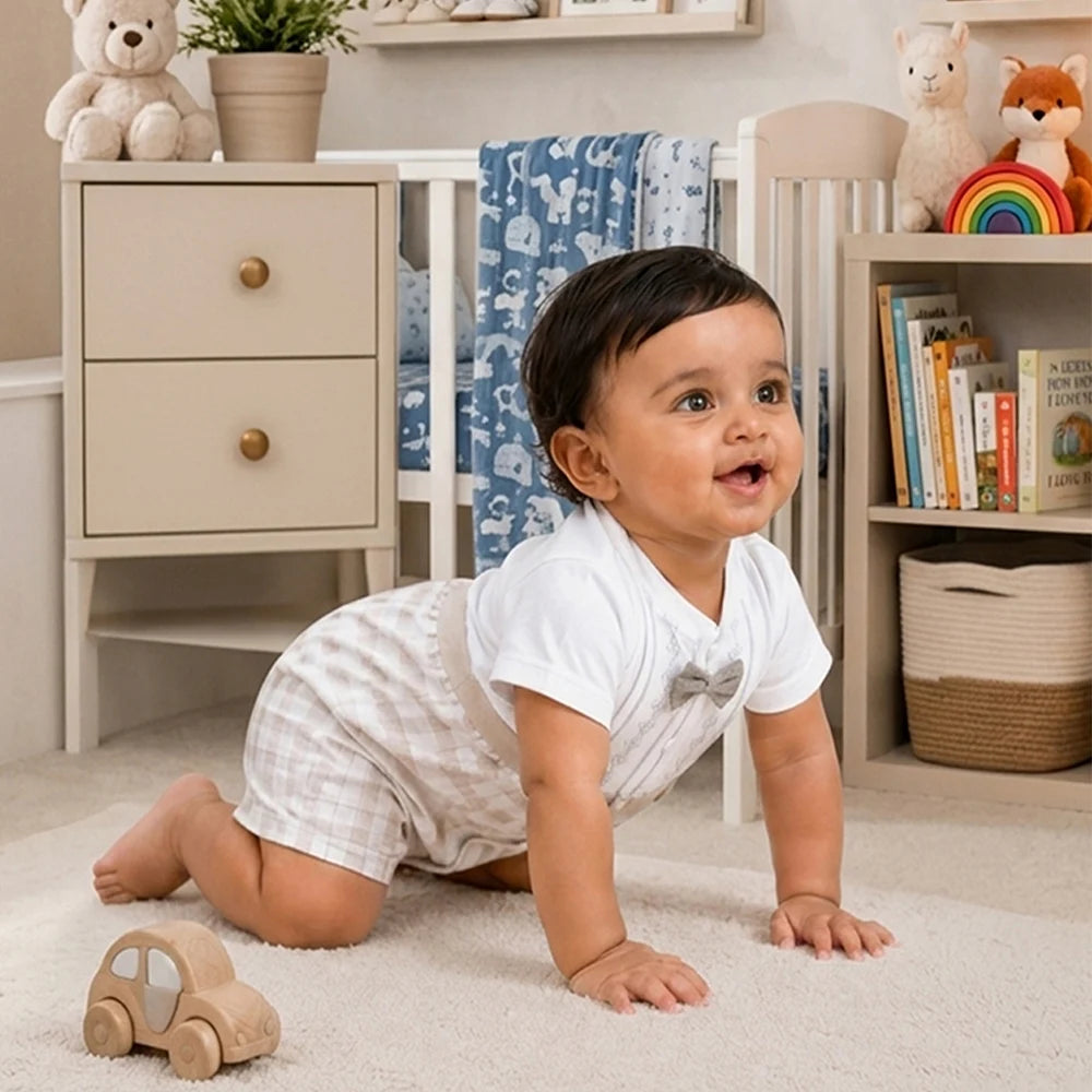 Beige Checkered Bow Tie Romper for Tiny Toddlers