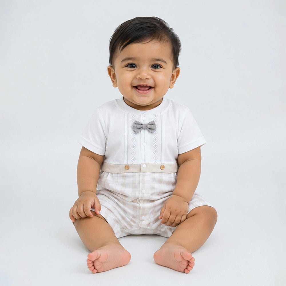 Beige Checkered Bow Tie Romper for Tiny Toddlers