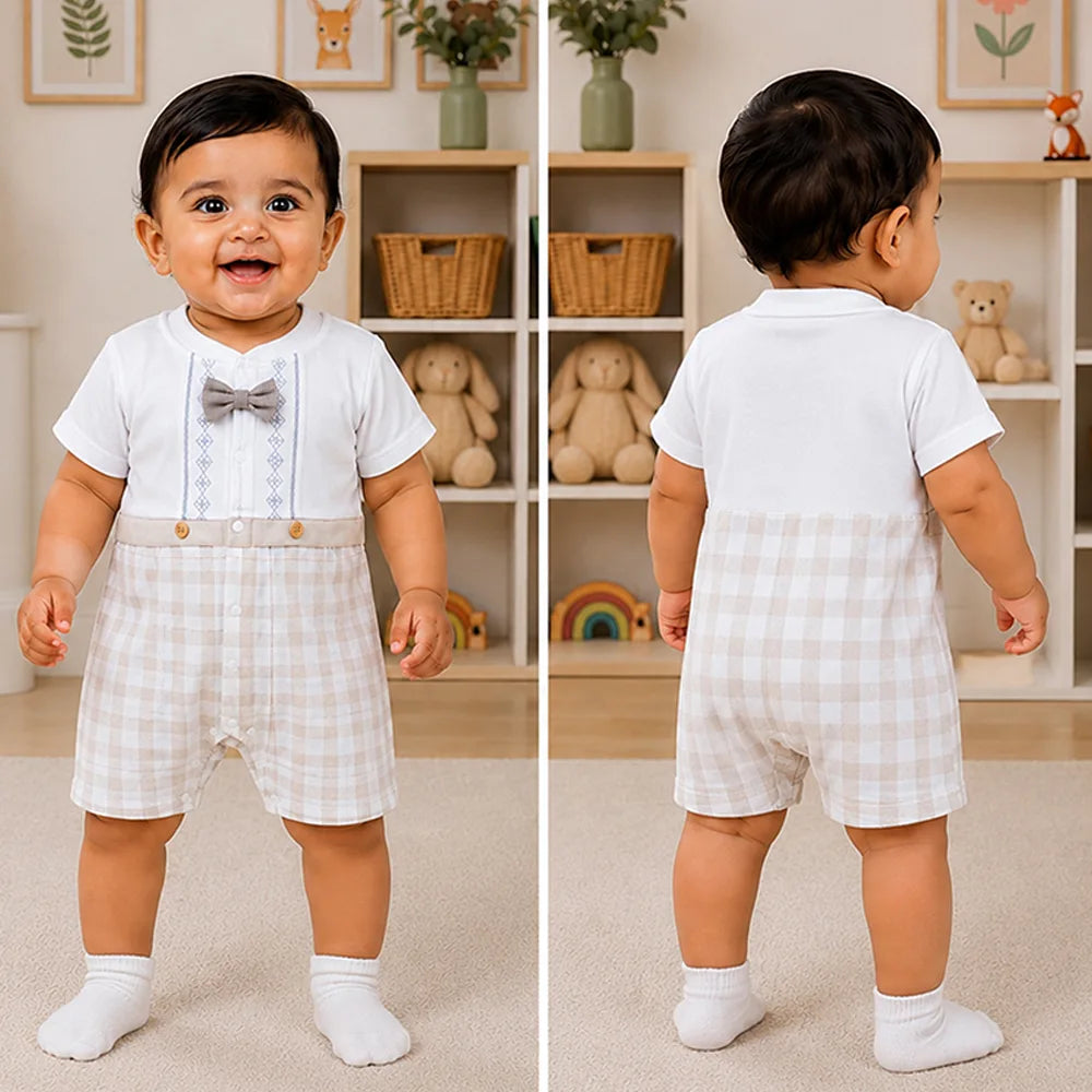 Beige Checkered Bow Tie Romper for Tiny Toddlers