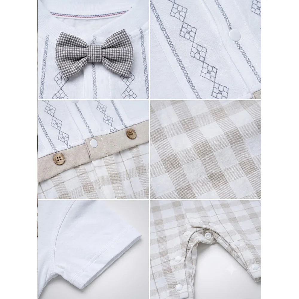 Beige Checkered Bow Tie Romper for Tiny Toddlers