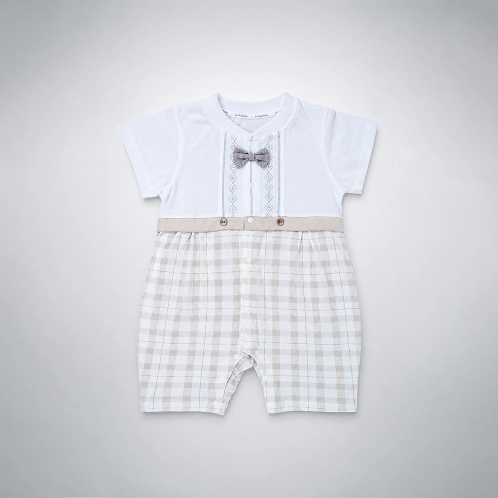 Beige Checkered Bow Tie Romper for Tiny Toddlers