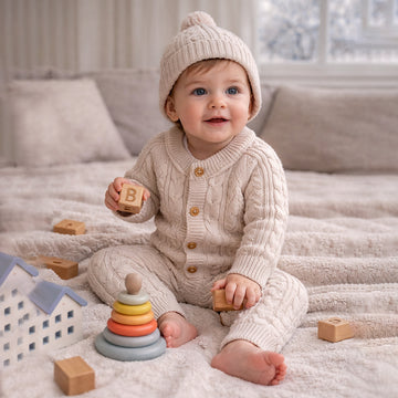 Beige Cable Pattern Full Sleeves Jumpsuit Romper with Cap for Tiny Toddlers