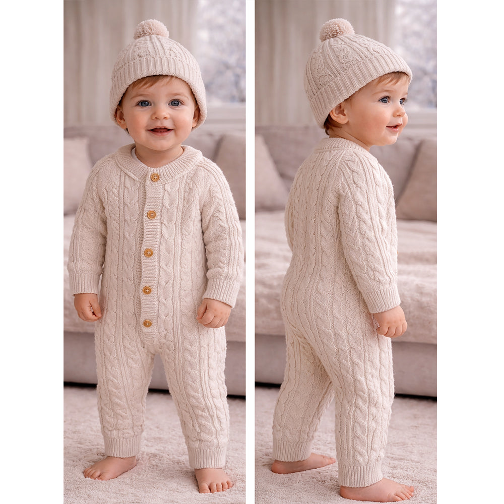 Beige Cable Pattern Full Sleeves Jumpsuit Romper with Cap for Tiny Toddlers