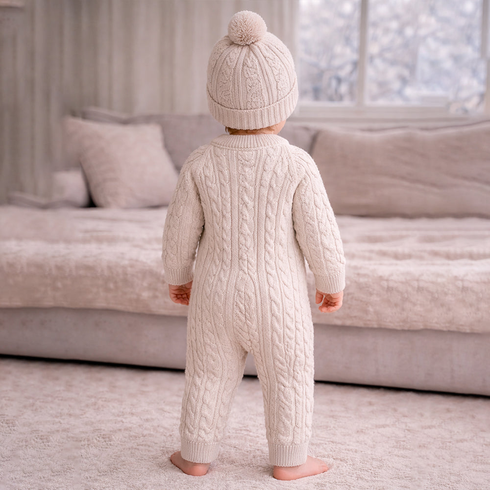 Beige Cable Pattern Full Sleeves Jumpsuit Romper with Cap for Tiny Toddlers