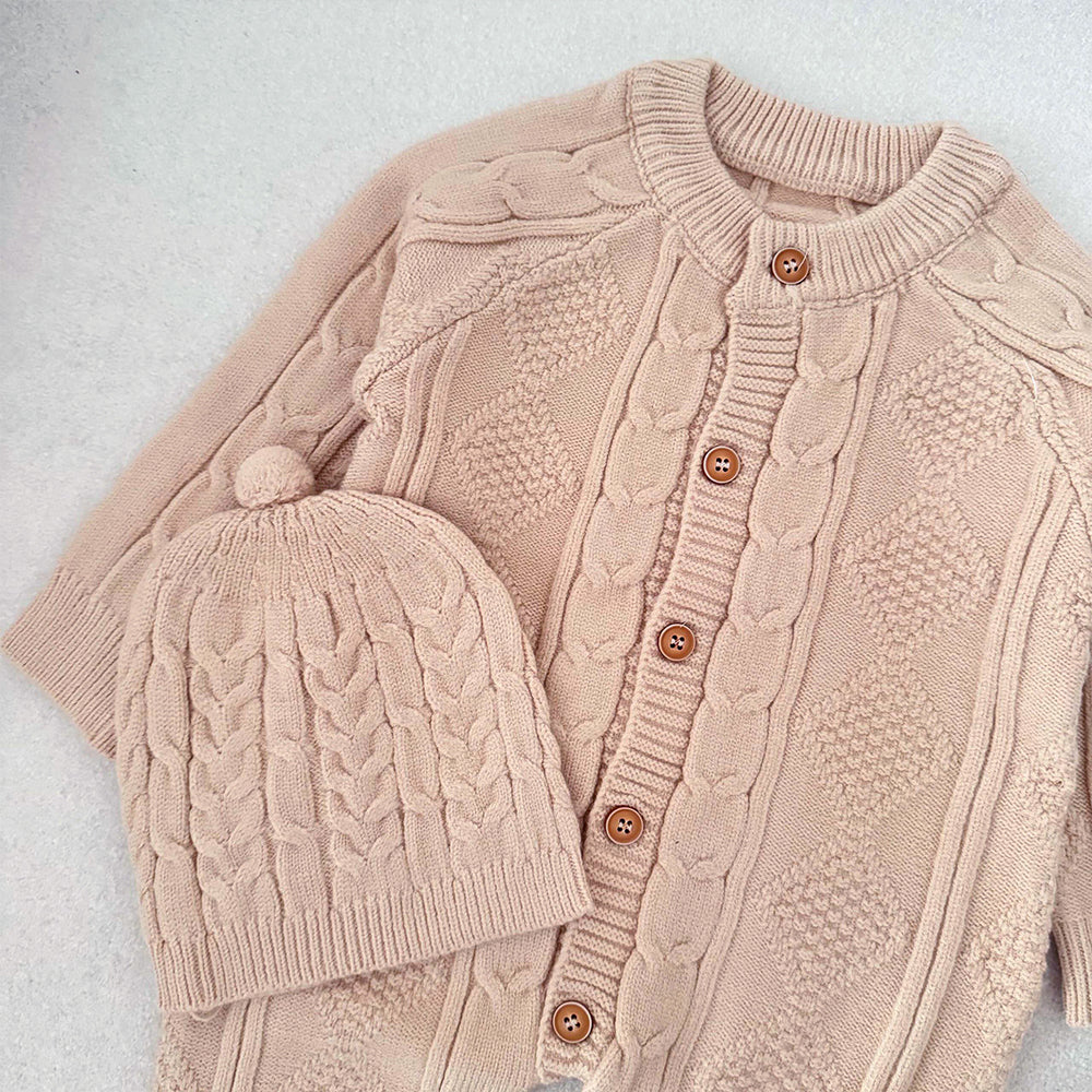 Beige Cable Pattern Full Sleeves Jumpsuit Romper with Cap for Tiny Toddlers