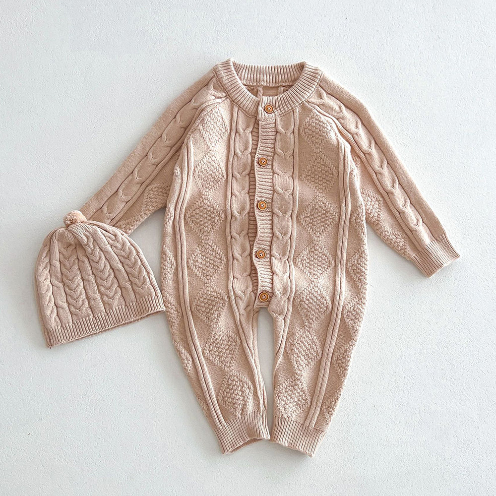 Beige Cable Pattern Full Sleeves Jumpsuit Romper with Cap for Tiny Toddlers
