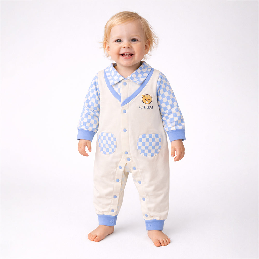 Blue Checks Collar, Full Sleeves Jumpsuit Romper for Tiny Toddlers