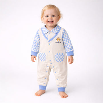 Blue Checks Collar, Full Sleeves Jumpsuit Romper for Tiny Toddlers