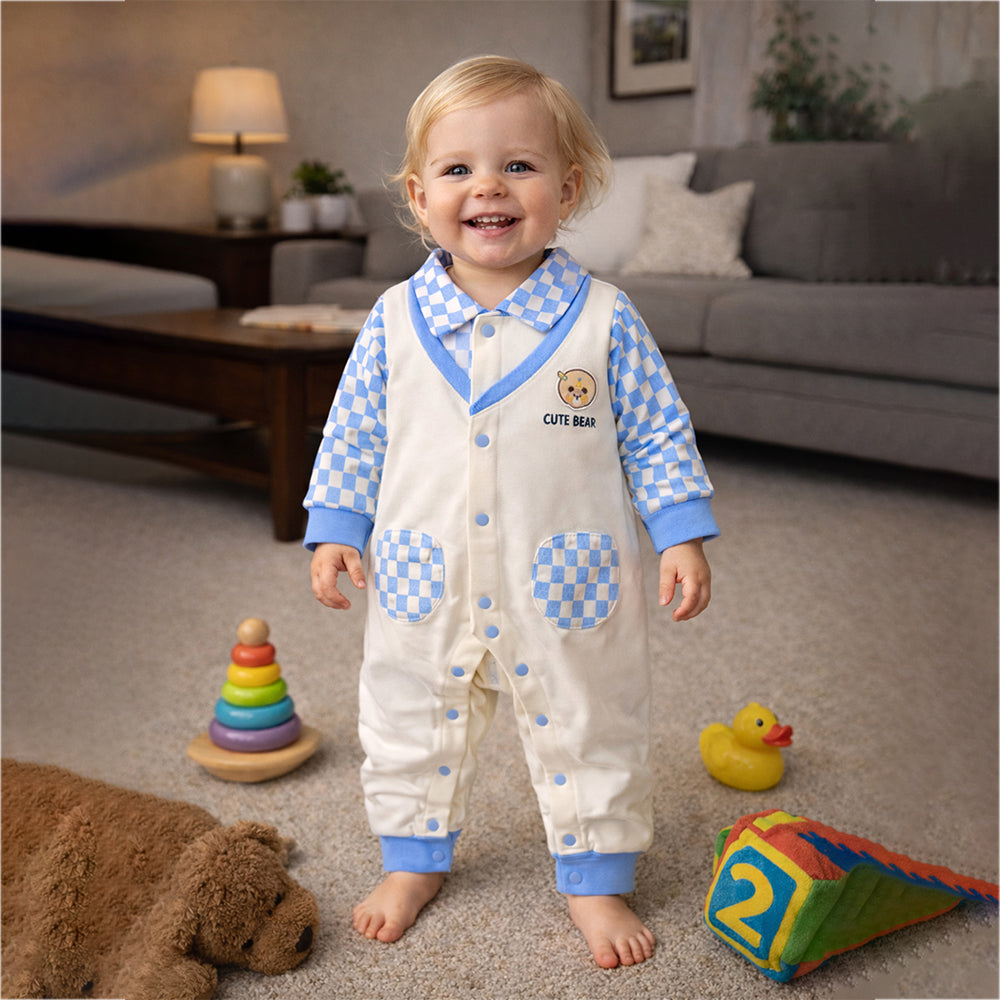 Blue Checks Collar, Full Sleeves Jumpsuit Romper for Tiny Toddlers
