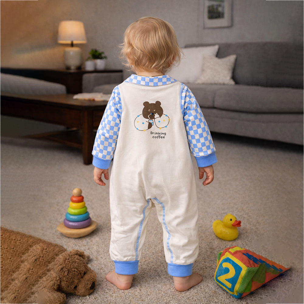Blue Checks Collar, Full Sleeves Jumpsuit Romper for Tiny Toddlers