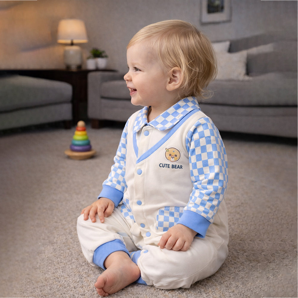 Blue Checks Collar, Full Sleeves Jumpsuit Romper for Tiny Toddlers
