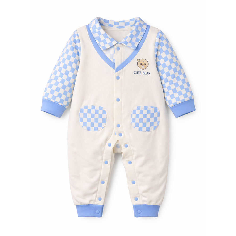Blue Checks Collar, Full Sleeves Jumpsuit Romper for Tiny Toddlers