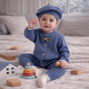 Blue Bow Knitted Full Sleeves Jumpsuit Romper with Cap for Tiny Toddlers