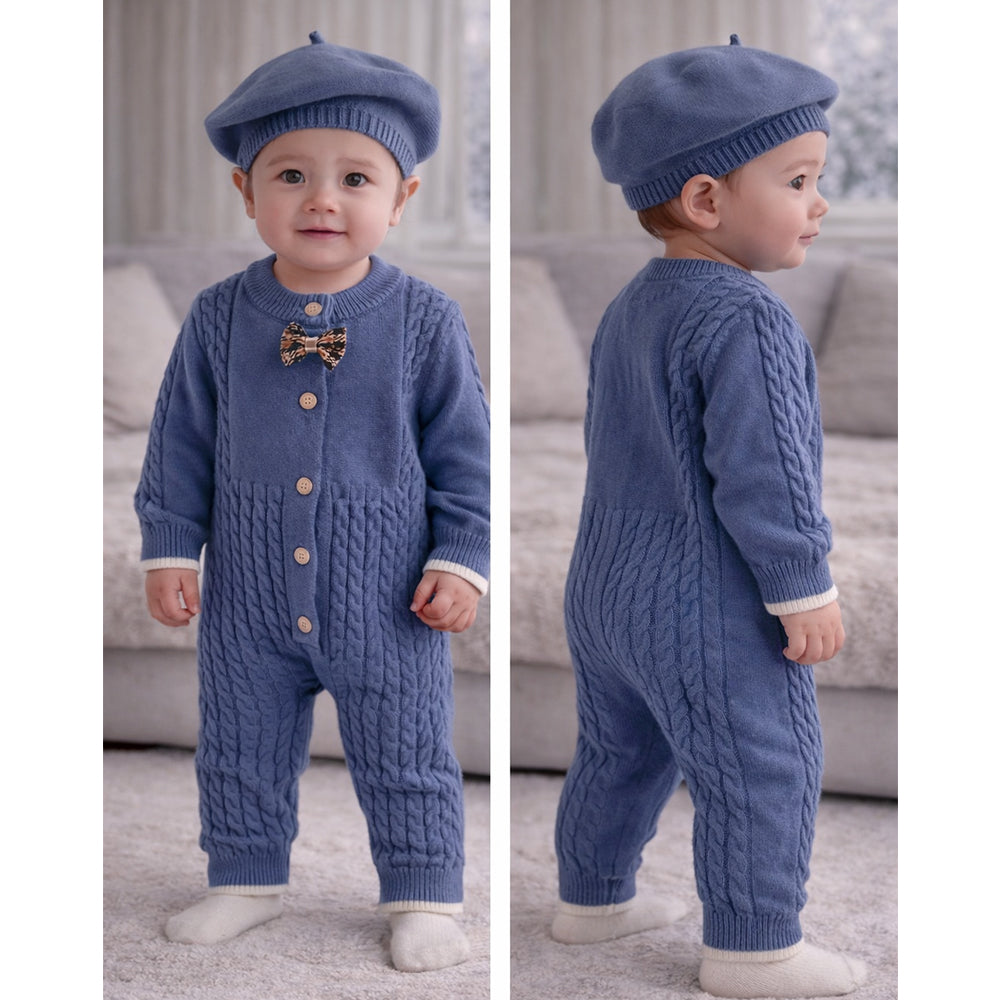 Blue Bow Knitted Full Sleeves Jumpsuit Romper with Cap for Tiny Toddlers