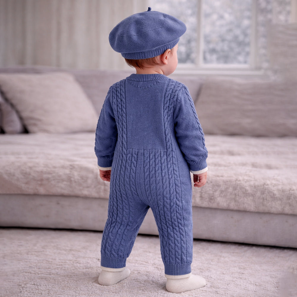 Blue Bow Knitted Full Sleeves Jumpsuit Romper with Cap for Tiny Toddlers