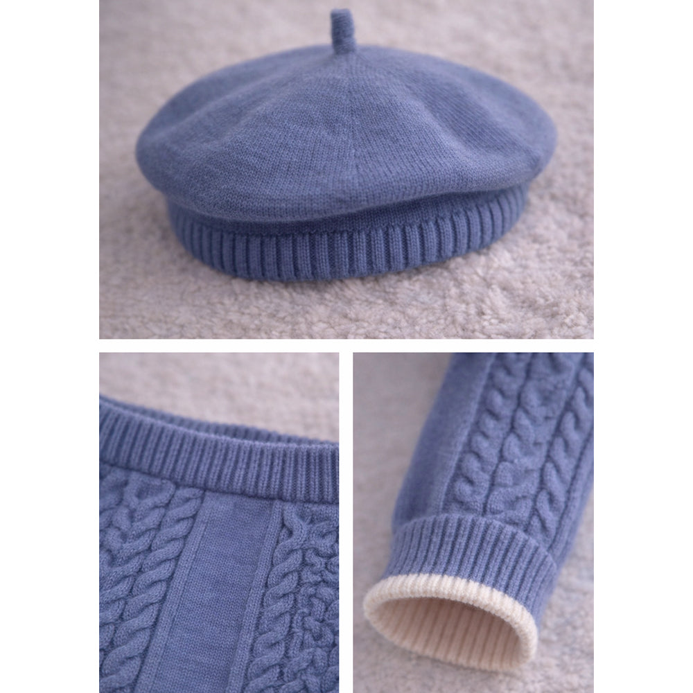 Blue Bow Knitted Full Sleeves Jumpsuit Romper with Cap for Tiny Toddlers