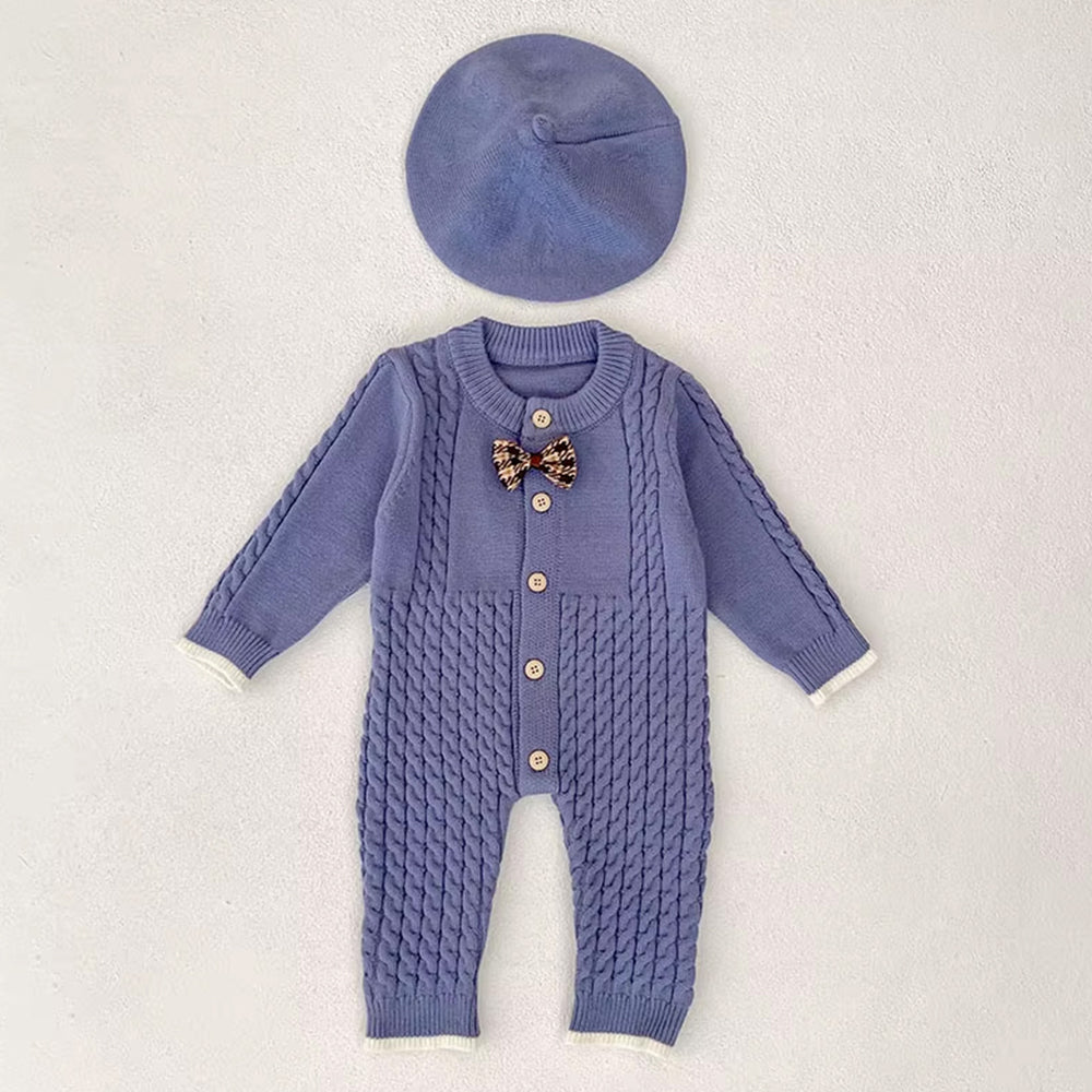 Blue Bow Knitted Full Sleeves Jumpsuit Romper with Cap for Tiny Toddlers