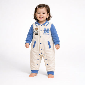 Blue Teddy Varsity Style, Full Sleeves Jumpsuit Romper for Tiny Toddlers