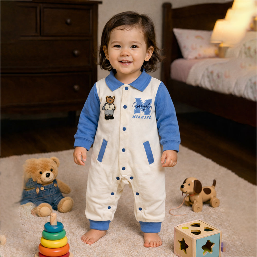 Blue Teddy Varsity Style, Full Sleeves Jumpsuit Romper for Tiny Toddlers