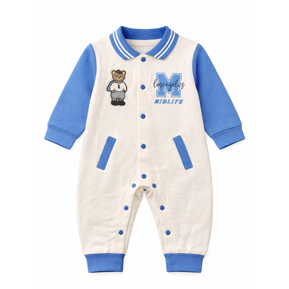 Blue Teddy Varsity Style, Full Sleeves Jumpsuit Romper for Tiny Toddlers