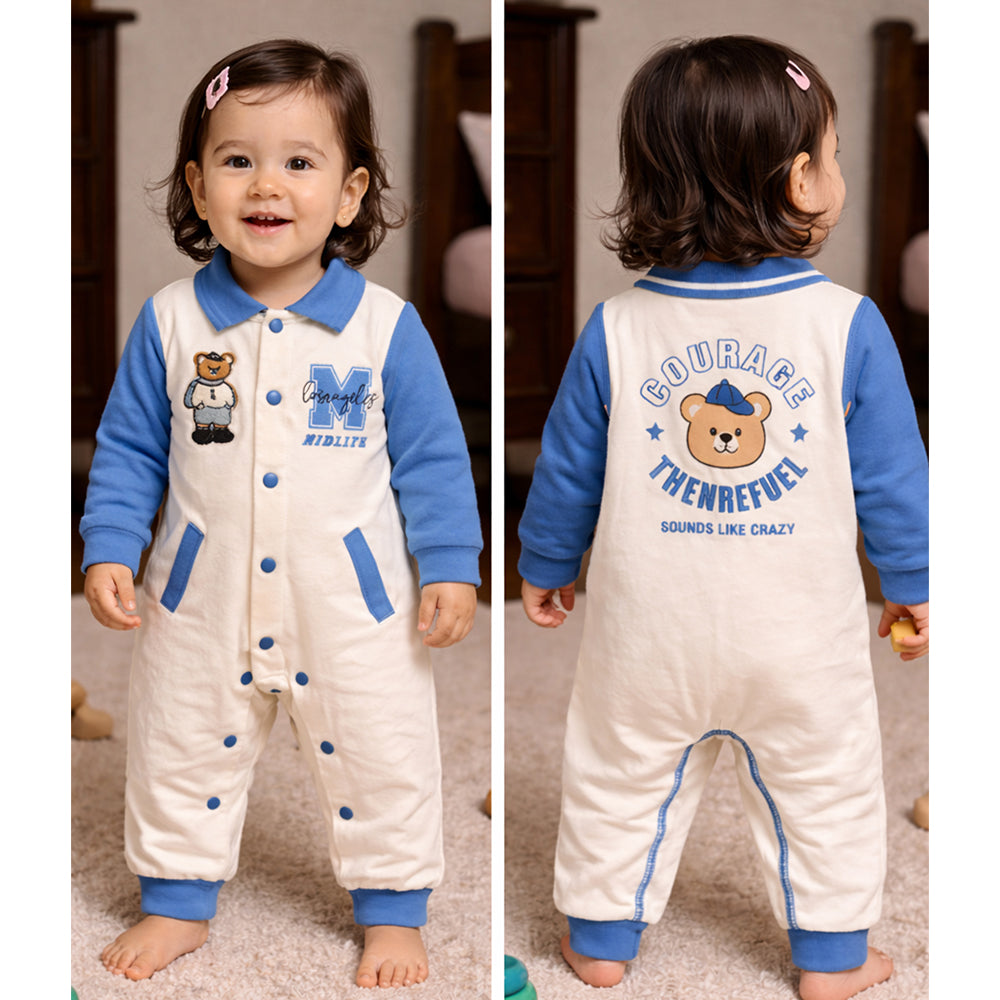 Blue Teddy Varsity Style, Full Sleeves Jumpsuit Romper for Tiny Toddlers