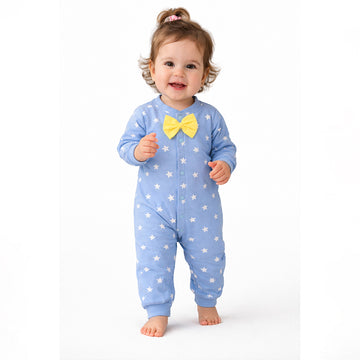 Blue Star Print with Yellow Bow Winter Full Sleeves Jumpsuit Romper for Tiny Toddlers