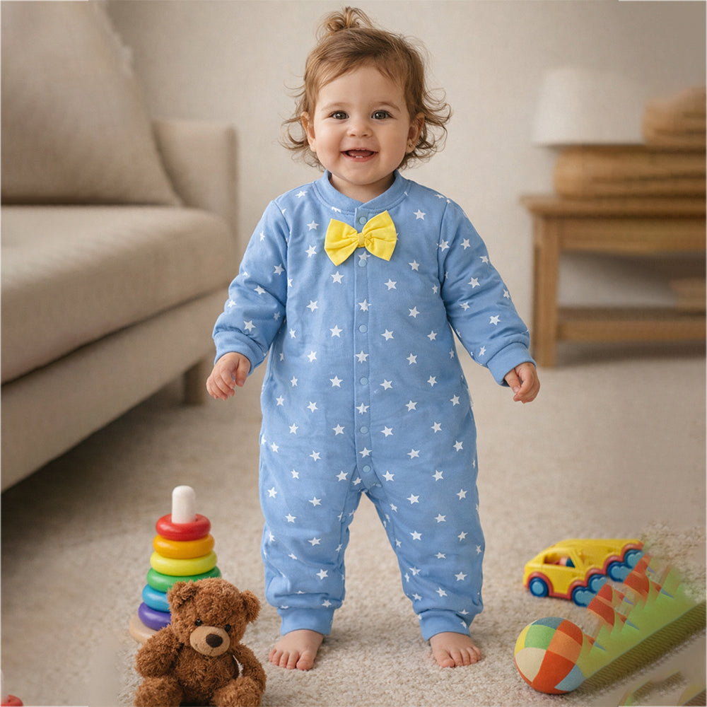 Blue Star Print with Yellow Bow Winter Full Sleeves Jumpsuit Romper for Tiny Toddlers