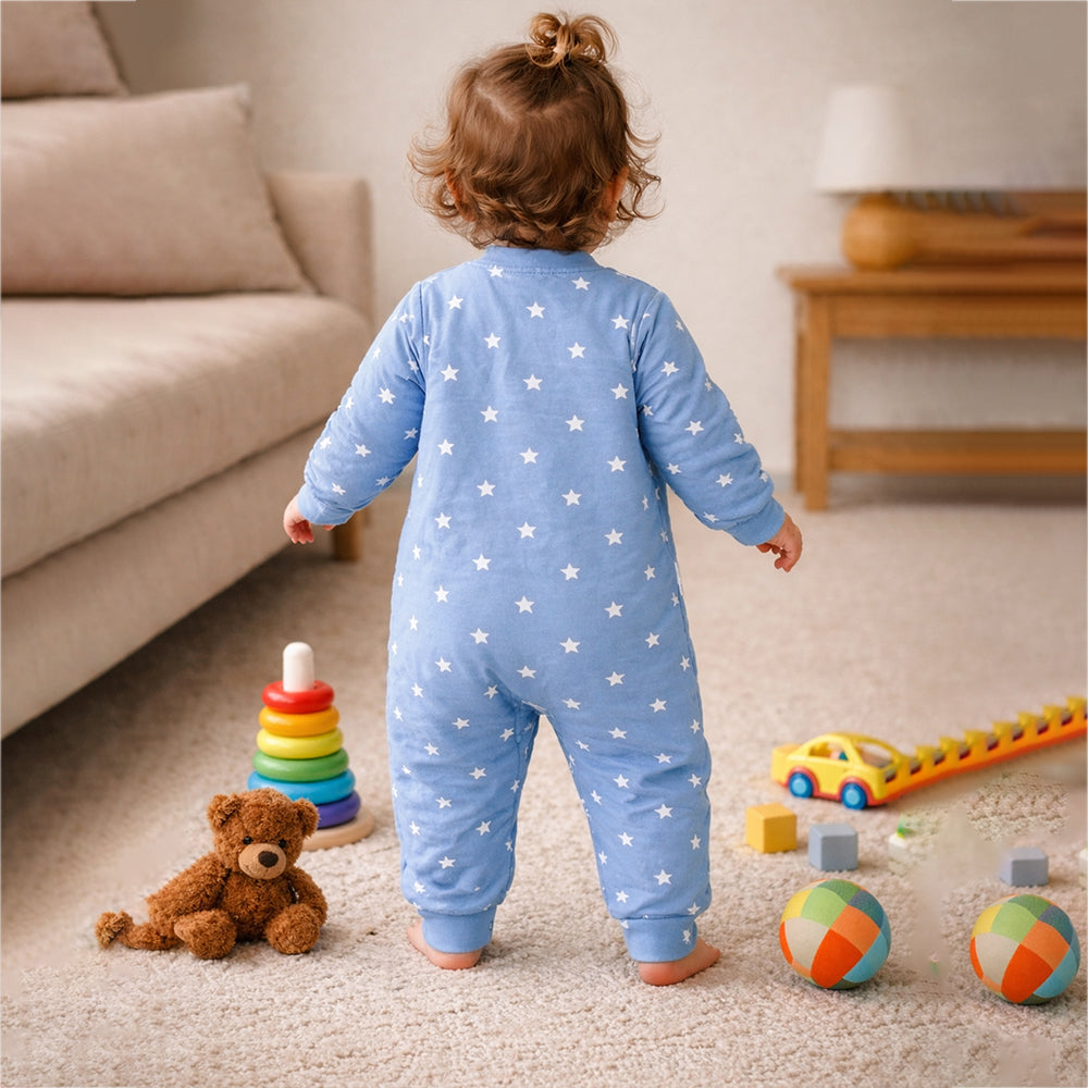 Blue Star Print with Yellow Bow Winter Full Sleeves Jumpsuit Romper for Tiny Toddlers