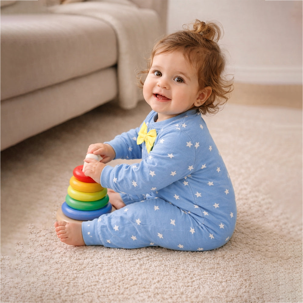 Blue Star Print with Yellow Bow Winter Full Sleeves Jumpsuit Romper for Tiny Toddlers