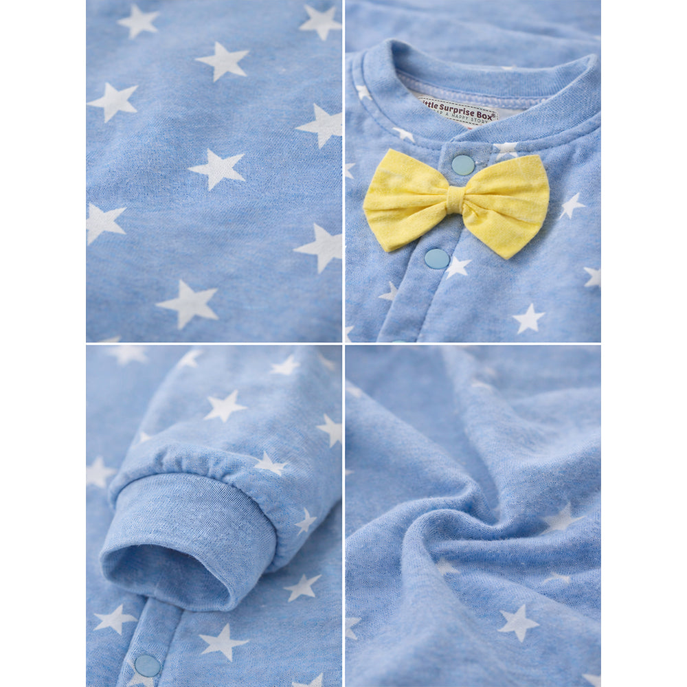 Blue Star Print with Yellow Bow Winter Full Sleeves Jumpsuit Romper for Tiny Toddlers