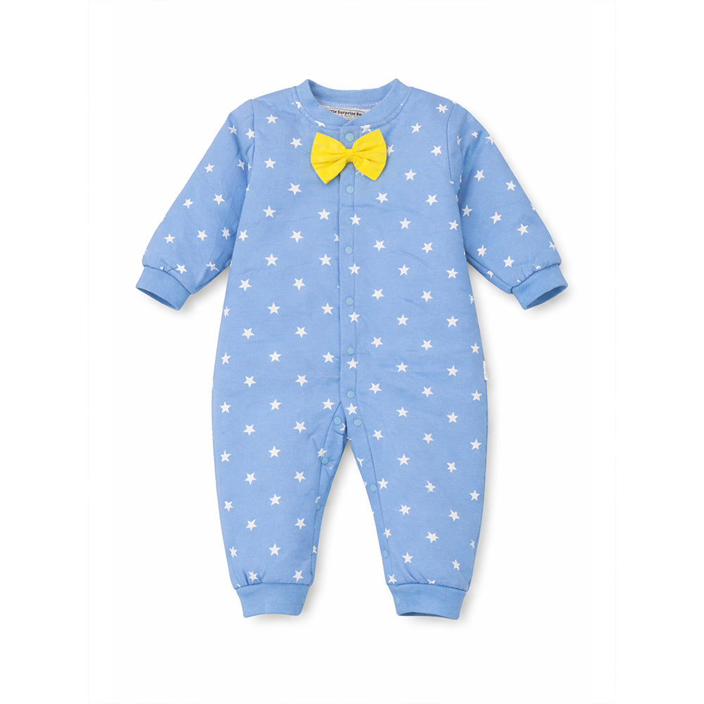 Blue Star Print with Yellow Bow Winter Full Sleeves Jumpsuit Romper for Tiny Toddlers