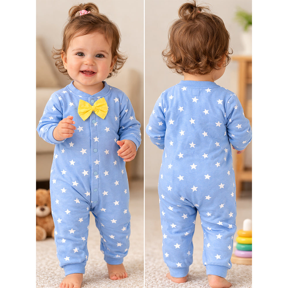 Blue Star Print with Yellow Bow Winter Full Sleeves Jumpsuit Romper for Tiny Toddlers