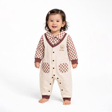 Brown Checks Collar, Full Sleeves Jumpsuit Romper for Tiny Toddlers