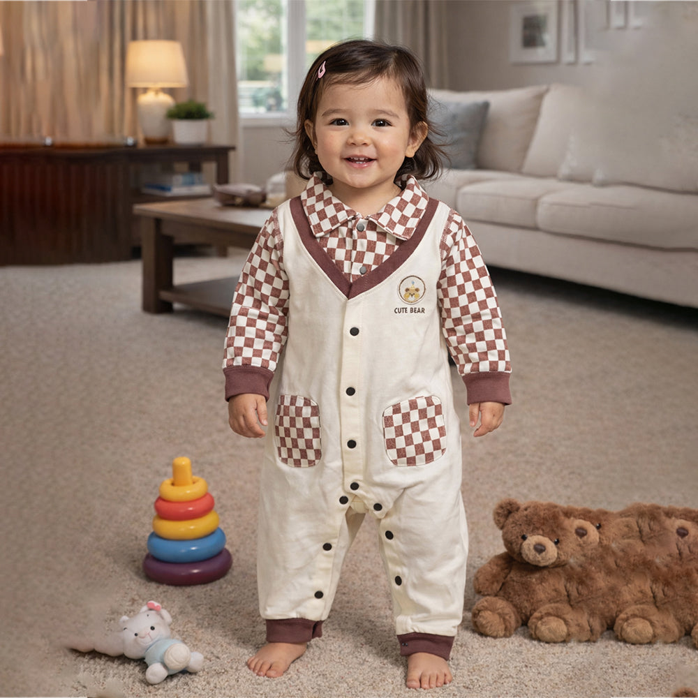 Brown Checks Collar, Full Sleeves Jumpsuit Romper for Tiny Toddlers