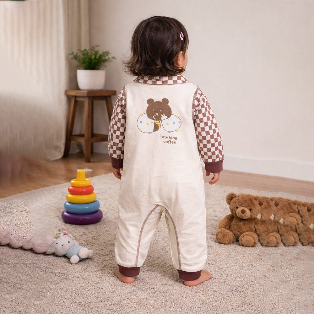 Brown Checks Collar, Full Sleeves Jumpsuit Romper for Tiny Toddlers