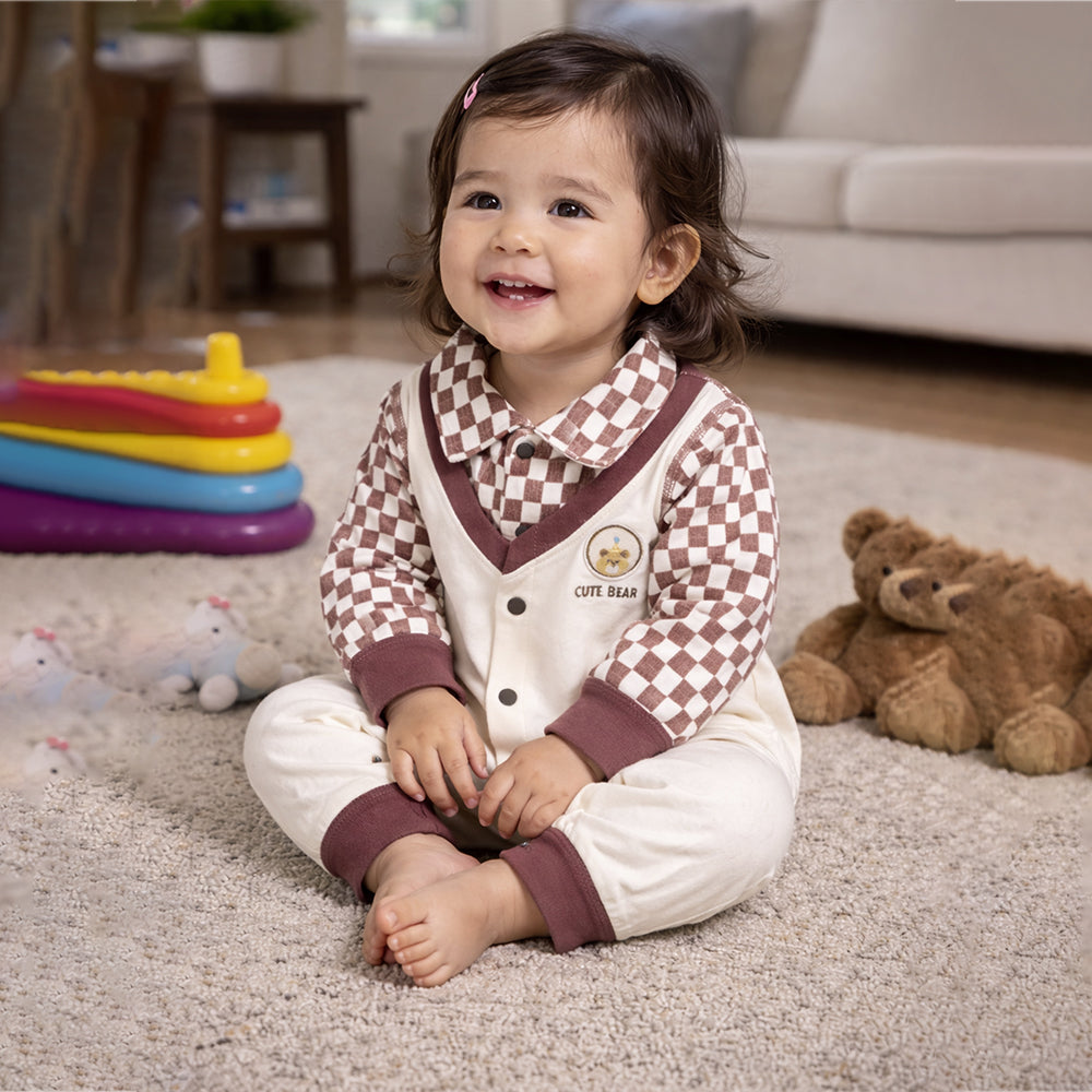 Brown Checks Collar, Full Sleeves Jumpsuit Romper for Tiny Toddlers