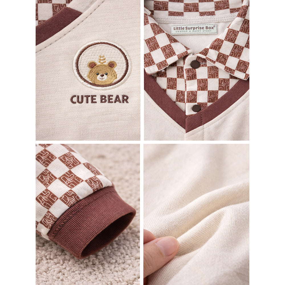 Brown Checks Collar, Full Sleeves Jumpsuit Romper for Tiny Toddlers